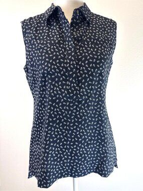 Ann Taylor XS Petite Navy Blue Anchor Sleeveless Top Nautical Collared Coastal